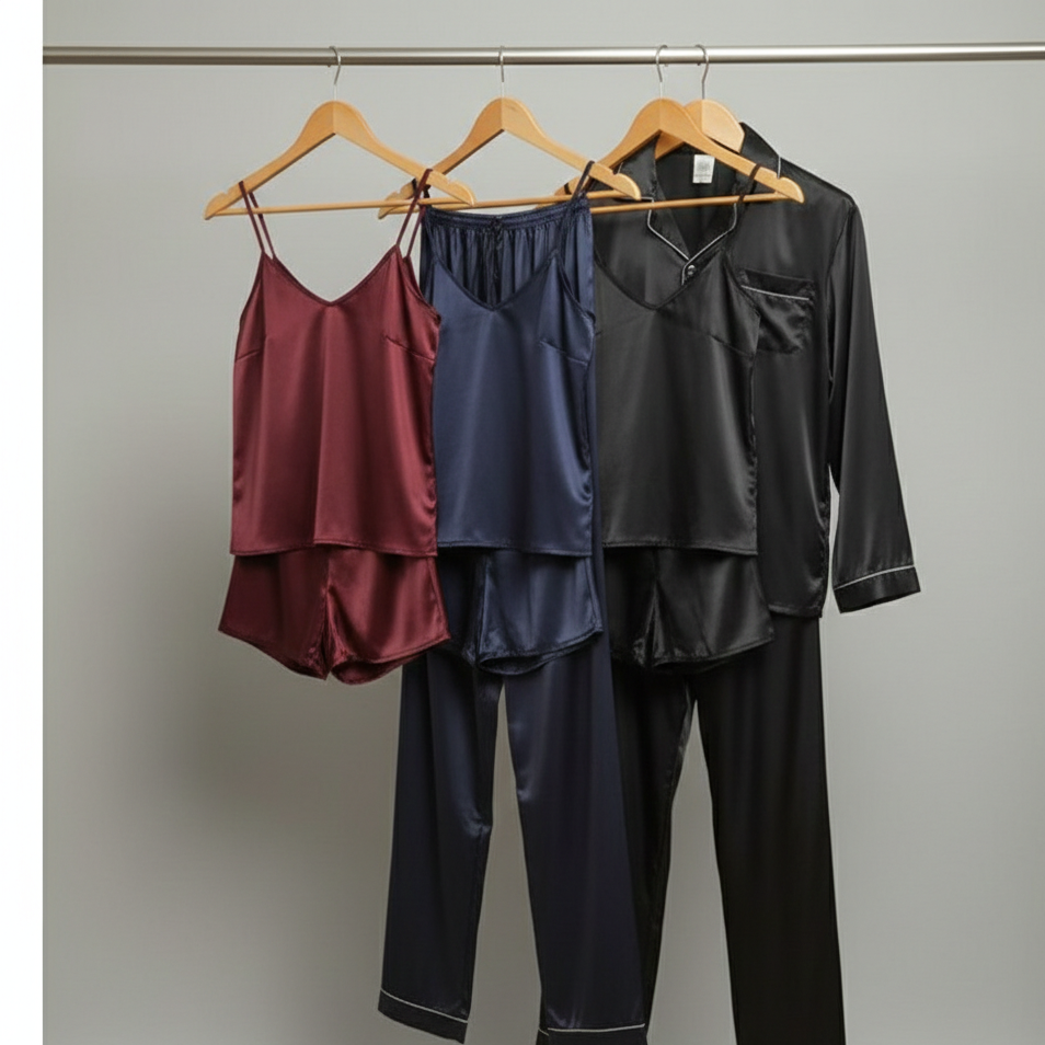 Premium Satin Silk Couple Night Suit – Pajama & Short Set (4 Pcs)
