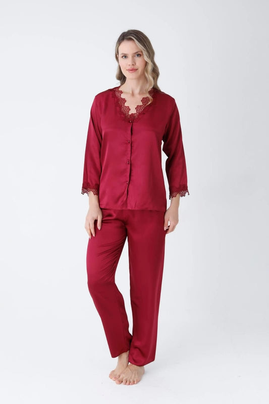 Turkish 6 Peice Satin Nightgown Set - Maroon