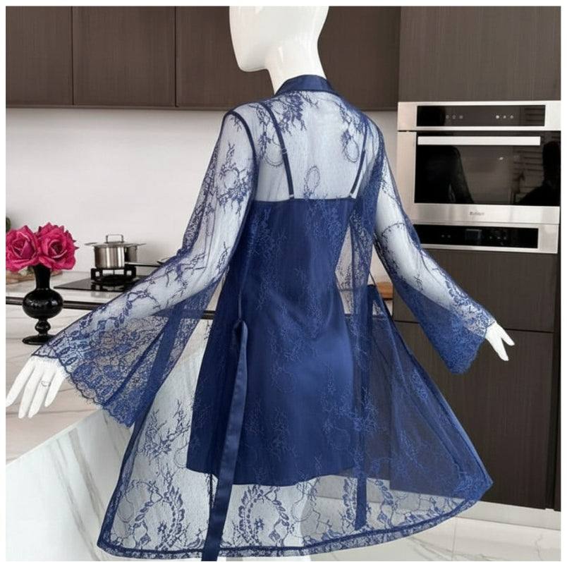 Soft Lace Robe & Silk Inner 2-Piece Set | Transparent Net Gown Set