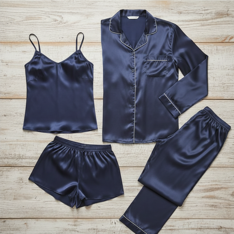 Premium Satin Silk Couple Night Suit – Pajama & Short Set (4 Pcs)