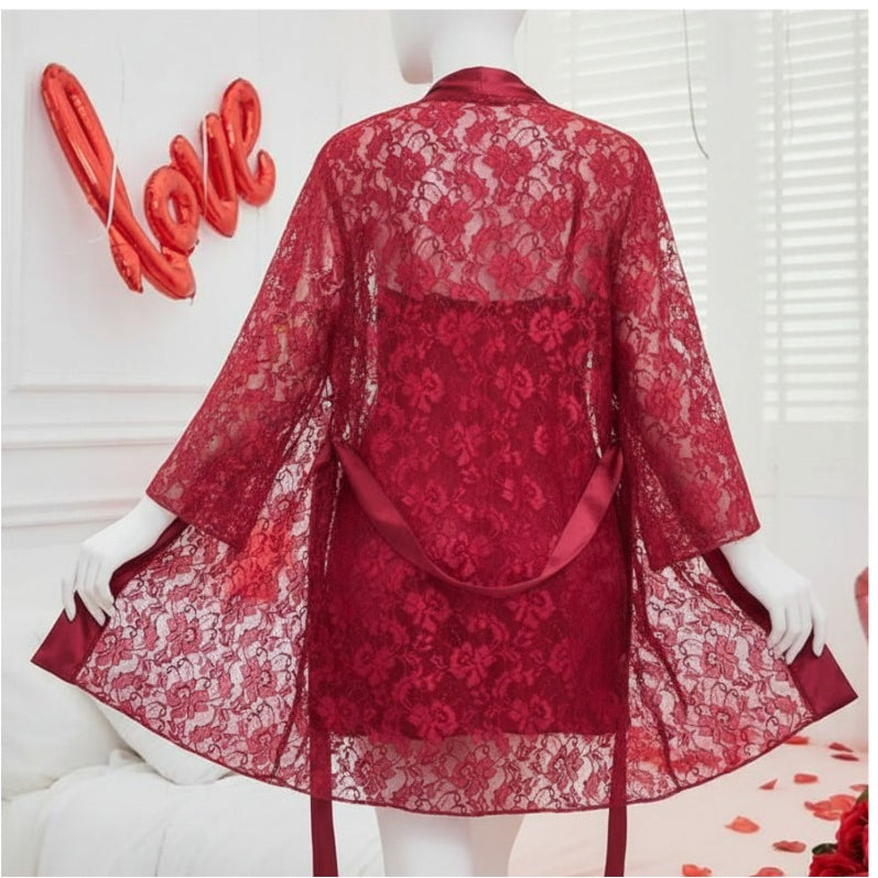 Soft Lace Robe & Silk Inner 2-Piece Set | Transparent Net Gown Set