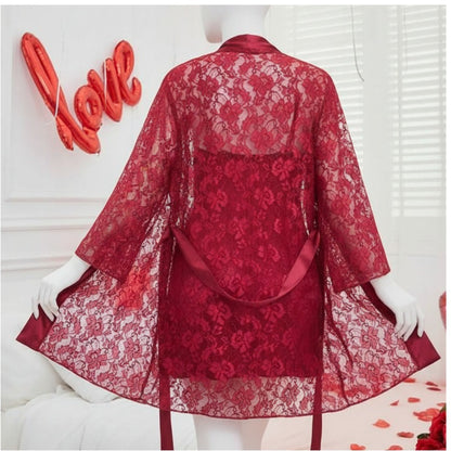 Soft Lace Robe & Silk Inner 2-Piece Set | Transparent Net Gown Set