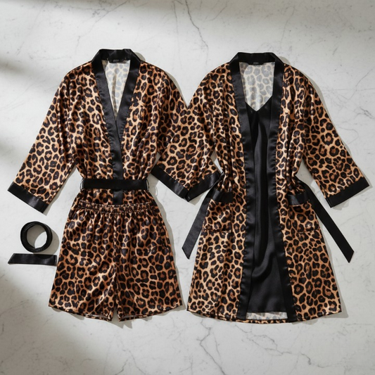 Couple Leopard Print & Black Satin Sleepwear Set – 4 Piece