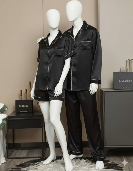 Couple Night Suit – Silk Satin Sleepwear Set (4 Pcs)