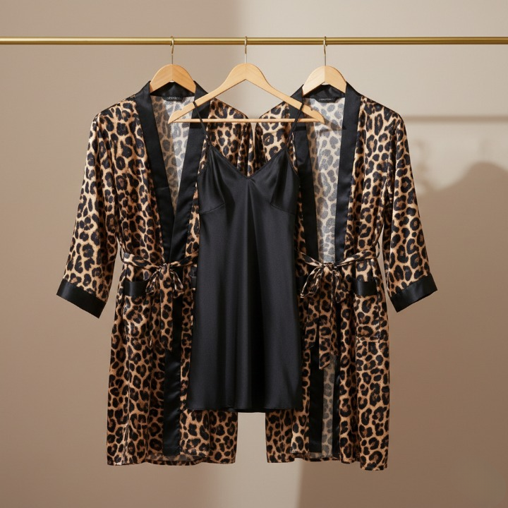Couple Leopard Print & Black Satin Sleepwear Set – 4 Piece