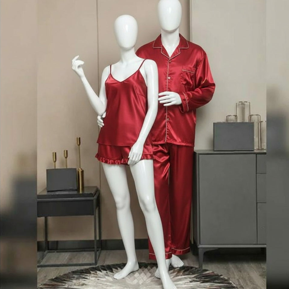 Premium Satin Silk Couple Night Suit – Pajama & Short Set (4 Pcs)