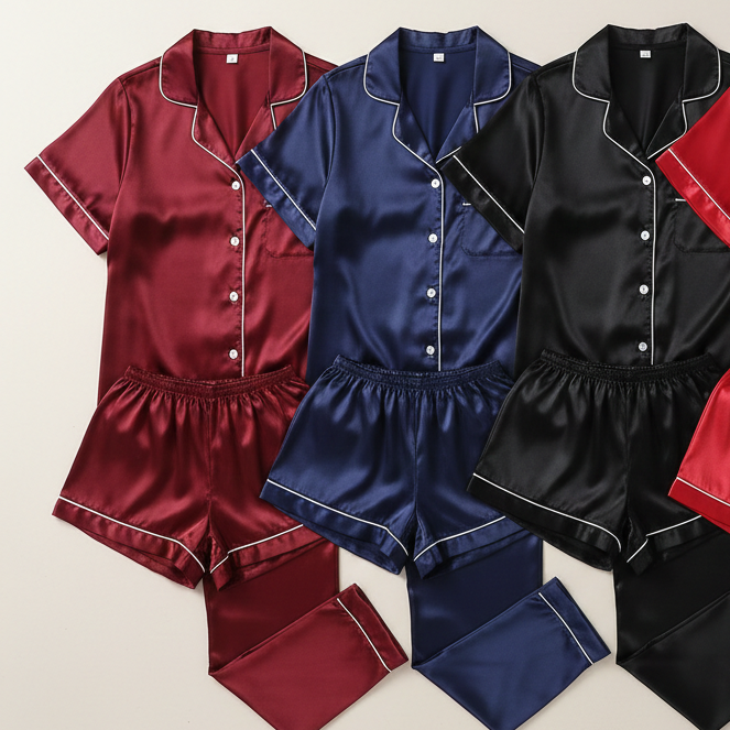 Couple Night Suit – Silk Satin Sleepwear Set (4 Pcs)