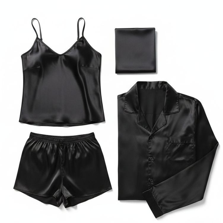 Premium Satin Silk Couple Night Suit – Pajama & Short Set (4 Pcs)