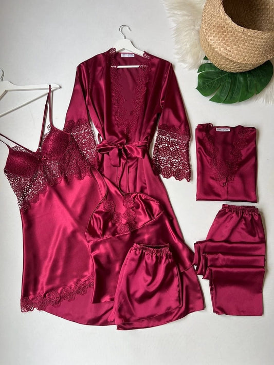 Turkish 6 Peice Satin Nightgown Set - Maroon