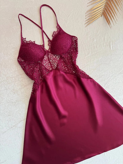 Turkish 6 Peice Satin Nightgown Set - Maroon