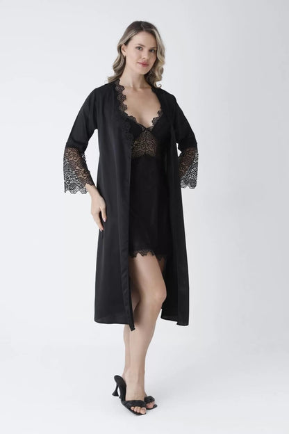 Turkish 3 Piece Nightgown Set - Black