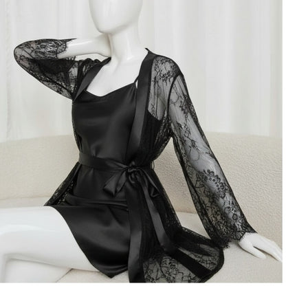 Soft Lace Robe & Silk Inner 2-Piece Set | Transparent Net Gown Set