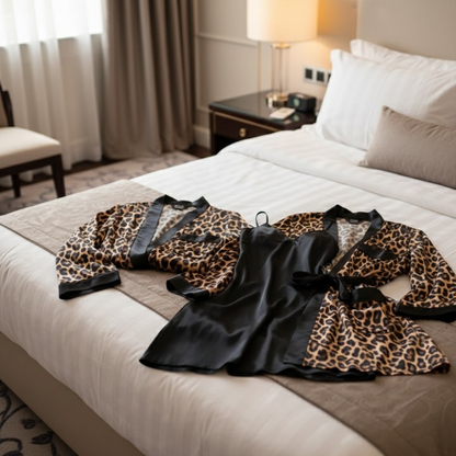 Couple Leopard Print & Black Satin Sleepwear Set – 4 Piece