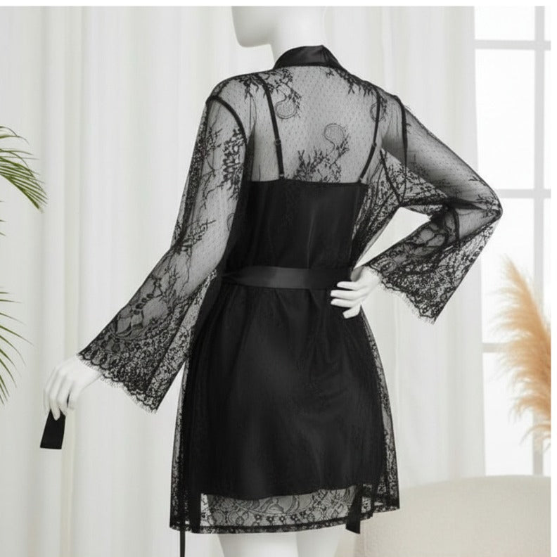 Soft Lace Robe & Silk Inner 2-Piece Set | Transparent Net Gown Set