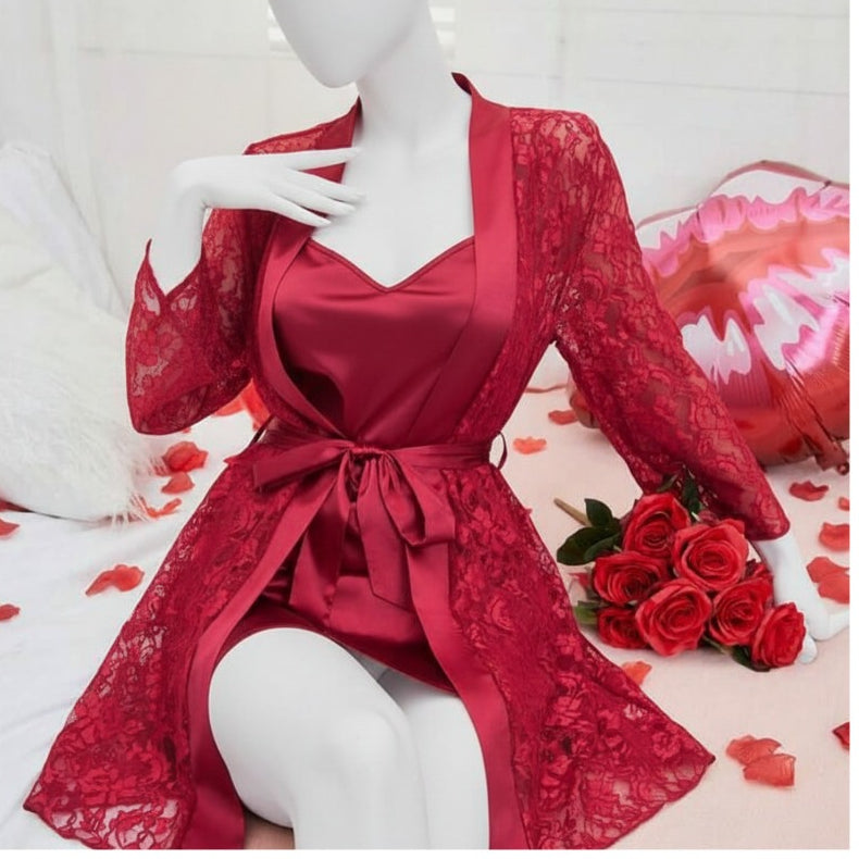 Soft Lace Robe & Silk Inner 2-Piece Set | Transparent Net Gown Set