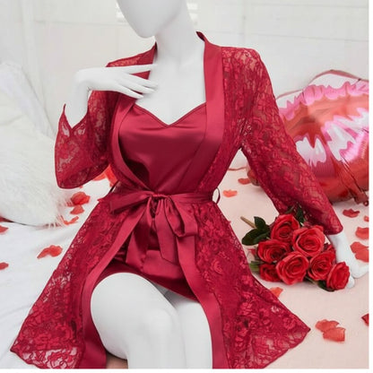 Soft Lace Robe & Silk Inner 2-Piece Set | Transparent Net Gown Set