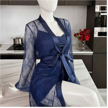 Soft Lace Robe & Silk Inner 2-Piece Set | Transparent Net Gown Set
