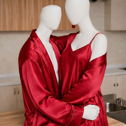 Premium Satin Silk Couple Gown Set – 3-Piece Luxury Nightwear