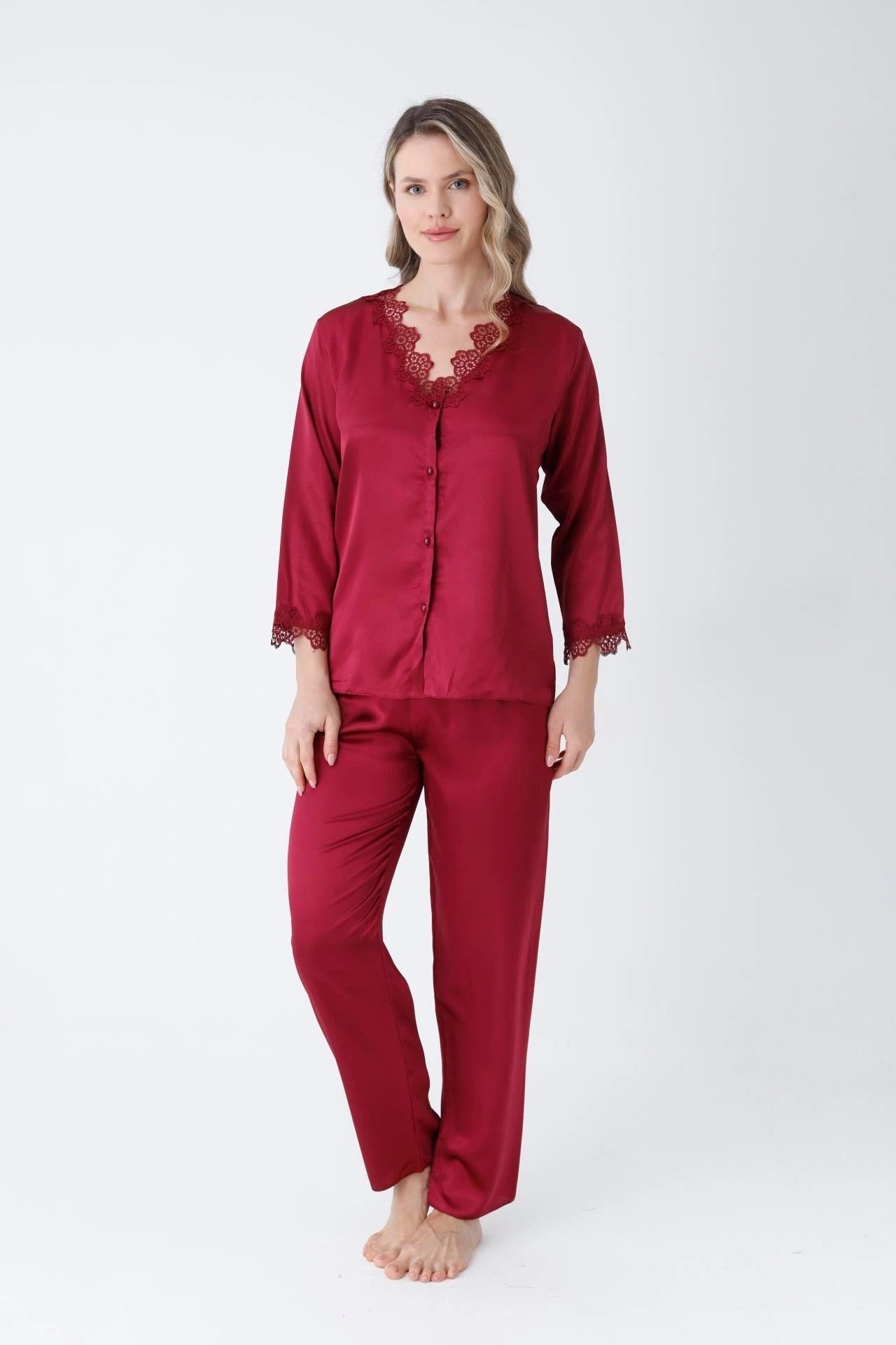 Luxury Turkish Design Silk Satin 6 Piece Nightwear Set For Women - Maroon