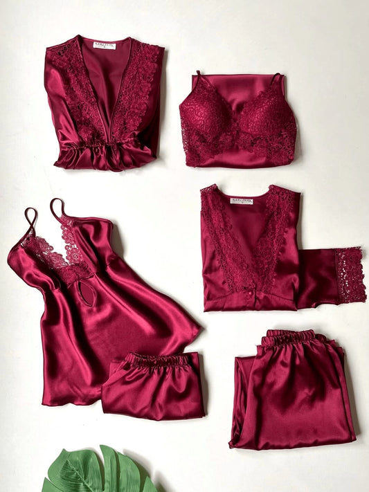 Luxury Turkish Design Silk Satin 6 Piece Nightwear Set For Women - Maroon