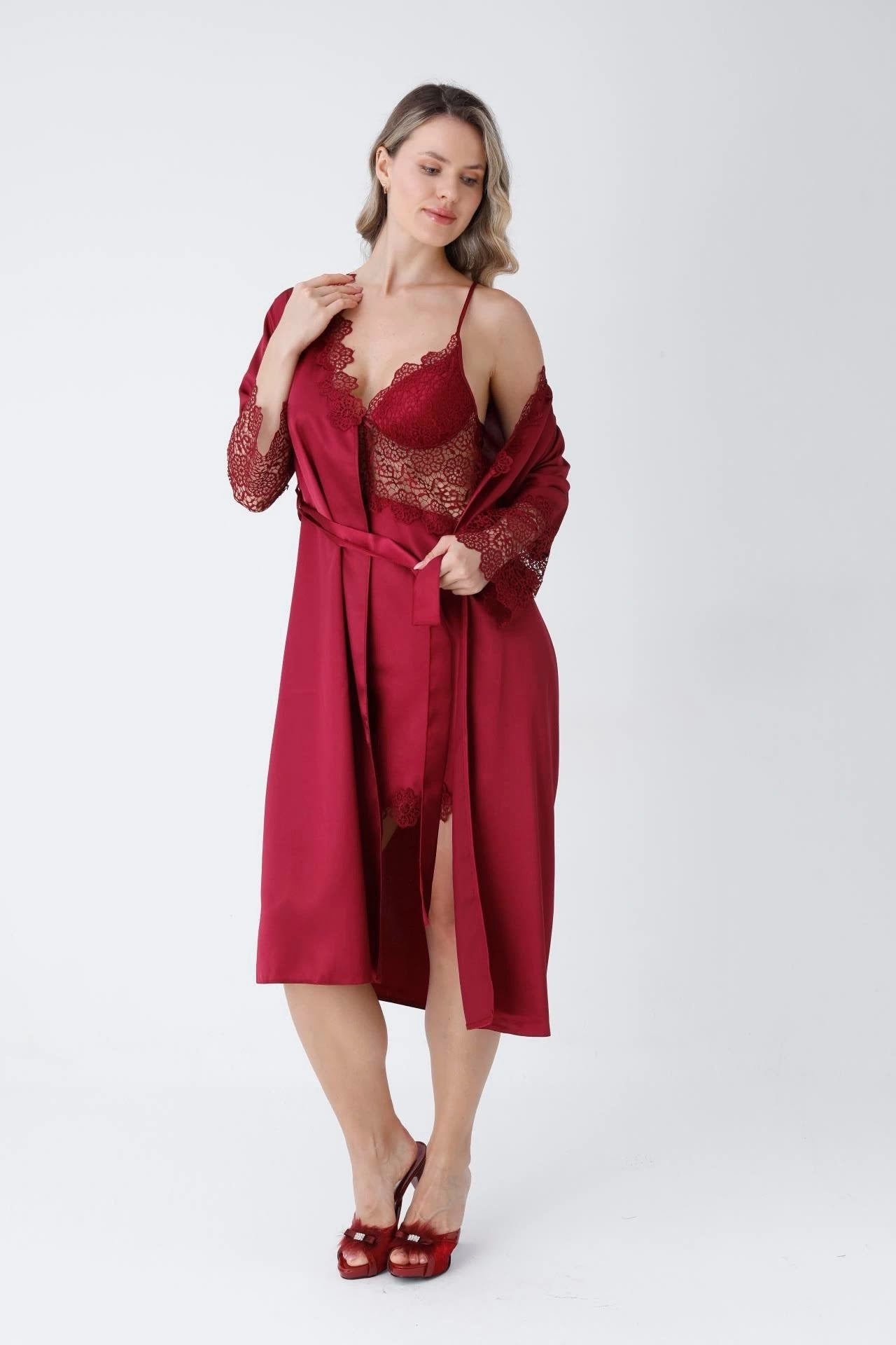 Luxury Turkish Design Silk Satin 6 Piece Nightwear Set For Women - Maroon