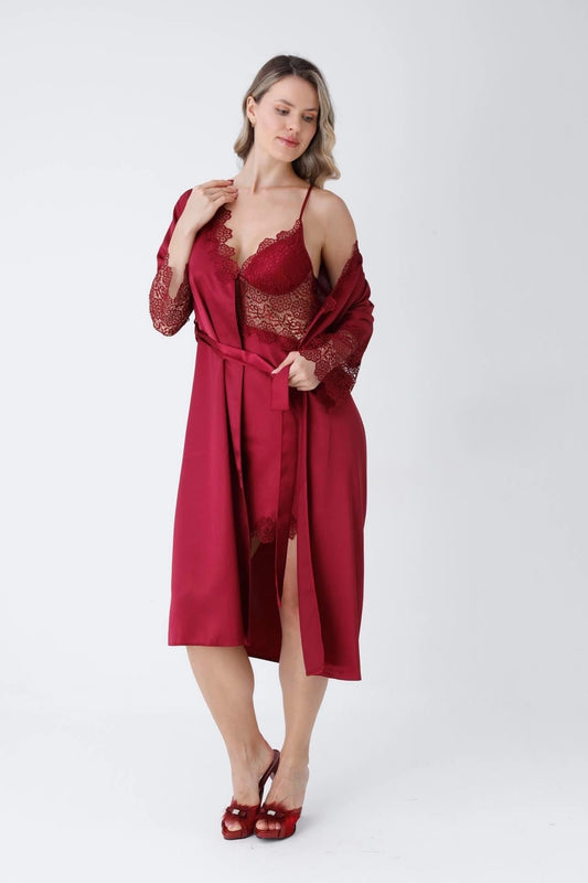 Luxury Turkish Design Silk Satin 6 Piece Nightwear Set For Women - Maroon