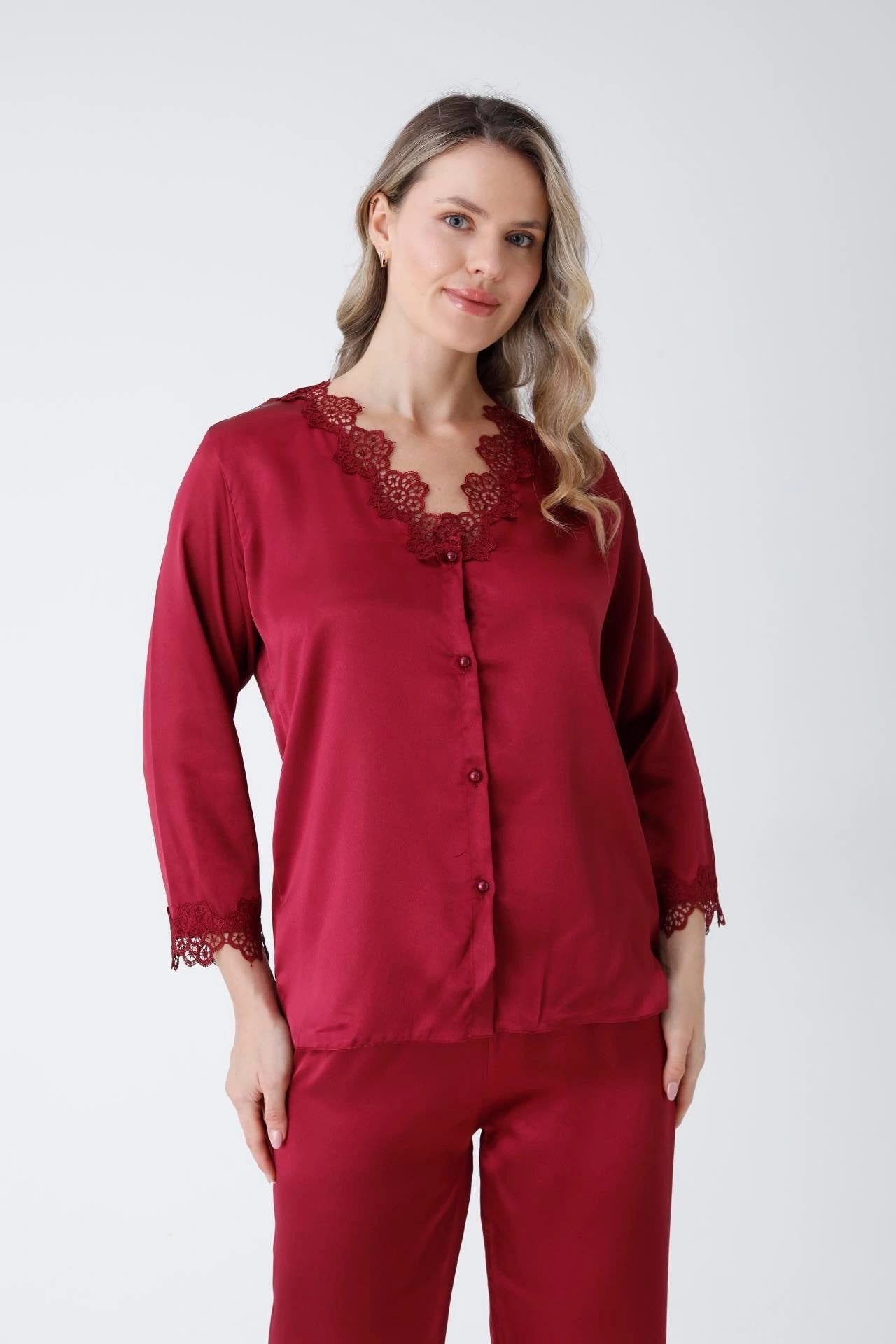 Luxury Turkish Design Silk Satin 6 Piece Nightwear Set For Women - Maroon